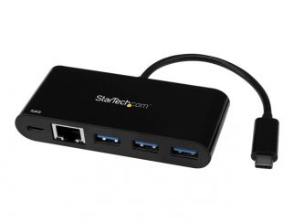 StarTech.com 3 Port USB-C Hub with Gigabit Ethernet & 60W Power Delivery Passthrough Laptop Charging, USB-C to 3x USB-A (USB 3.0 SuperSpeed 5Gbps), USB 3.1/USB 3.2 Gen 1 Type-C Adapter Hub - Windows/macOS/Linux (HB30C3AGEPD) - hub - 3 ports