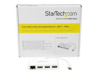 StarTech.com 3 Port USB C Hub w/ Gigabit Ethernet USB Type C to 3 x USB-A Multi Port USB 3.0 Hub for MacBook Pro (HB30C3A1GEA) - Hub - 3 x SuperSpeed USB 3.0 + 1 x 10/100/1000