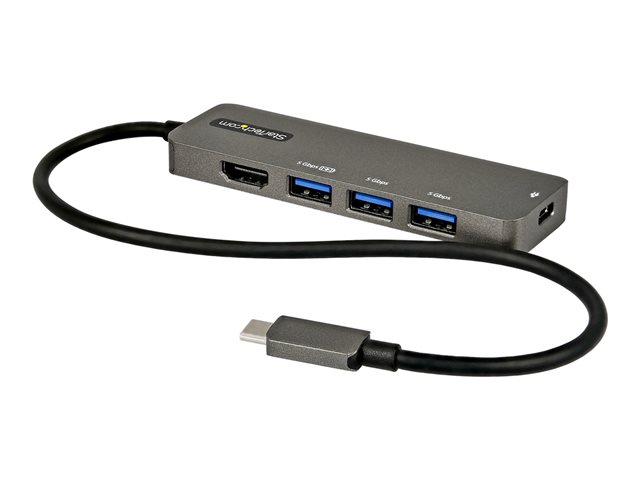 Startech USB C Multiport Adapter, USB-C to HDMI 2.0b 4K 60Hz (HDR10), 100W Power Delivery Pass-Through, 4-Port 5Gbps USB 3.0 Hub, USB Type-C Mini Dock, with 12" (30cm) Attached Cable - Thunderbolt 3 Compatible (DKT30CHPD3) - Docking station - USB-C - HDMI