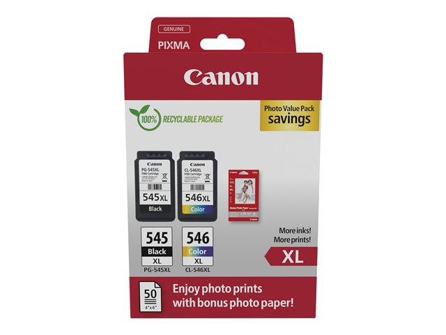 Canon PG-545XL/CL-546XL Photo Paper Value Pack - 2-pack - High Yield - black, colour (cyan, magenta, yellow) - original - hanging box - ink cartridge / paper kit - for PIXMA TR4551, TR4650, TR4651, TS3350, TS3351, TS3352, TS3355, TS3450, TS3451, TS3452