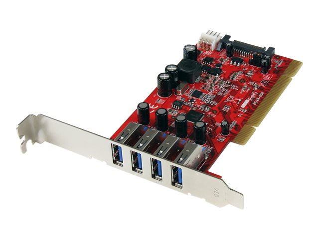 Startech 4 Port PCI SuperSpeed USB 3.0 Adapter Card with SATA/SP4 Power - Quad Port PCI USB 3 Controller Card (PCIUSB3S4) - USB adapter - PCI-X low profile - USB 3.0 x 4 - red - for P/N: HBS304A24A, S3510BMU33, S3510SMU33, UNI251BMU33, USB221SS