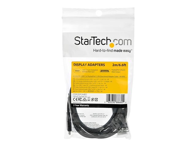 StarTech 6ft (2m) USB C to DisplayPort 1.2 Cable 4K 60Hz, Bidirectional DP to USB-C or USB-C to DP Reversible Video Adapter Cable, HBR2/HDR, USB Type C / Thunderbolt 3 Monitor Cable - 4K USB-C to DP Cable (CDP2DP2MBD) - DisplayPort cable - USB-C (M) to Di