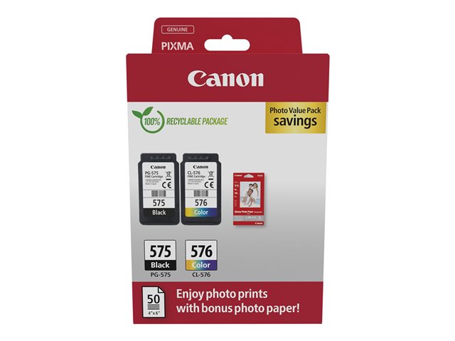 Canon PG-575/CL-576 Photo Paper Value Pack - 2-pack - black, colour (cyan, magenta, yellow) - original - hanging box - ink cartridge / paper kit - for PIXMA TR4750i, TR4751i, TR4755i, TS3550i, TS3551i