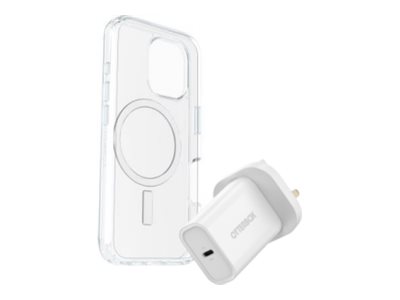 OtterBox Symmetry Series - Back cover for mobile phone - MagSafe compatibility - clear - with Premium Glass Screen protector and Fast Charge Wall Charger USB-C 30W - for Apple iPhone 16 Pro Max