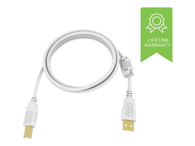5 m USB 2.0 cable - gold plated connectors - ferrite core on a end - bandwidth 480 mbps - over 65 percent coverage braided shield - USB A (m) to USB B (m) - outer diameter 4.8 mm - 28+24 awg - white