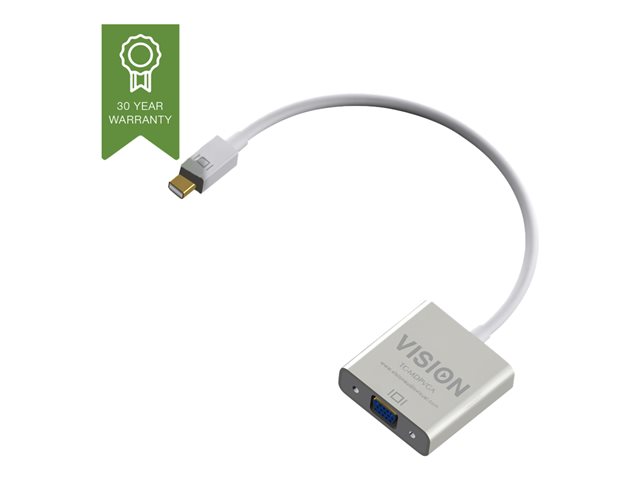 Mini DisplayPort to VGA adaptor - maximum resolution 1920 x 1080 - does not convert VGA to DP - hotplug - mDP (m) to VGA (f) - overall length 220 mm - outer diameter 5.5 mm - 32 awg - white