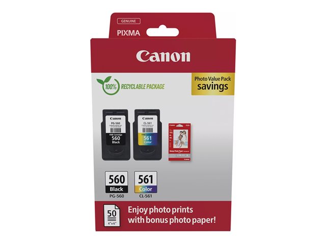Canon PG-560/CL-561 Photo Value Pack - Glossy - 2-pack - black, colour (cyan, magenta, yellow) - original - hanging box - ink cartridge / paper kit - for PIXMA TS5350, TS5350a, TS5350i, TS5351, TS5351a