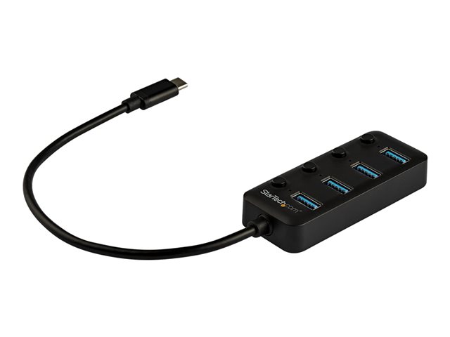 Startech 4 Port USB C Hub, USB-C to 4x USB 3.0 Type-A Ports with Individual On/Off Port Switches, SuperSpeed 5Gbps USB 3.1/3.2 Gen 1, USB Bus Powered, Portable, 10" Attached Cable - Windows/macOS/Linux (HB30C4AIB) - Hub - 4 x USB 3.1 Gen 1 - desktop