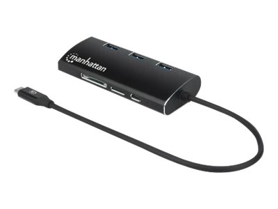 Manhattan USB-C Dock/Hub with Card Reader, Ports (x6): Ethernet, HDMI, USB-A (x3) and USB-C, With Power Delivery (100W) to USB-C Port (Note additional USB-C wall charger and USB-C cable needed), Aluminium, Black, 3 Year Warranty - docking station - USB-C