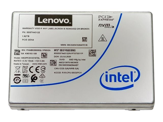 Intel P5500 Entry - SSD - 1.92 TB - hot-swap - 2.5" - U.2 PCIe 4.0 x4 (NVMe) - for ThinkAgile HX3331 Certified Node, MX3330-F Appliance, MX3331-F Certified Node