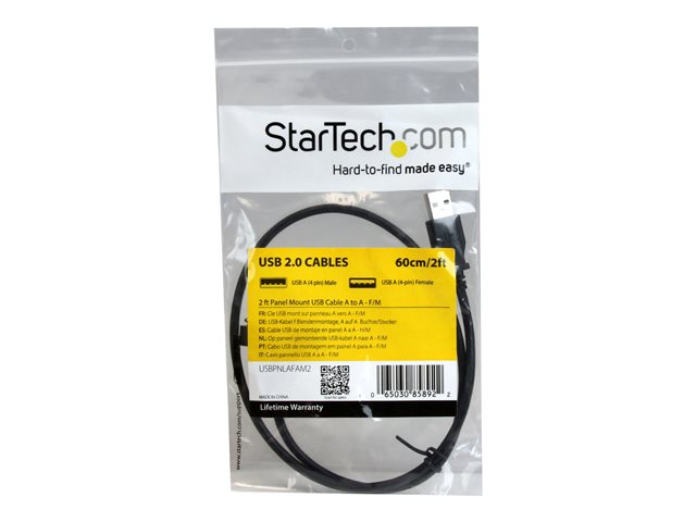 StarTech 2 ft Panel Mount USB Cable A to A F/M - Panel Mount USB Extension USB A-Female to A-Male Adapter Cable 2ft - USB-A (F) Port (USBPNLAFAM2) - USB extension cable - USB (F) to USB (M) - 60 cm - molded, thumbscrews - black - for P/N: UUSBOTG