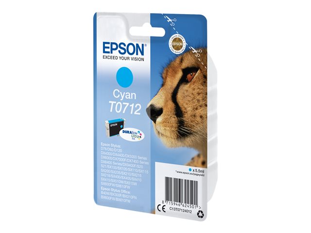 Epson Ink Cartridges, DURABrite" Ultra, T0712, Cheetah, Singlepack, 1 x 5.5 ml Cyan