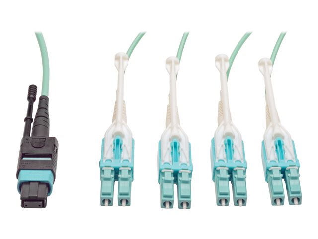 Eaton Tripp Lite Series MTP/MPO Fan-out Cable with Push/Pull Tab Connectors, MTP/MPO to 4xLC, 40GbE, 40GBASE-SR4,OM3 Plenum-rated - Aqua, 3M (9.84 ft.) - patch cable - 3 m - aqua