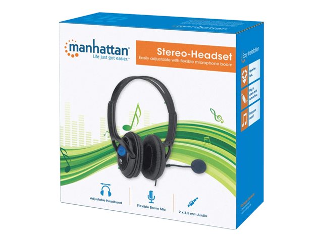 Manhattan Stereo Headset (Clearance Pricing), Lightweight, adjustable microphone, in-line volume control, padded cloth ear cushions, two 3.5mm jack input plugs, cable 2m, Black, 3 year warranty, Box - headset
