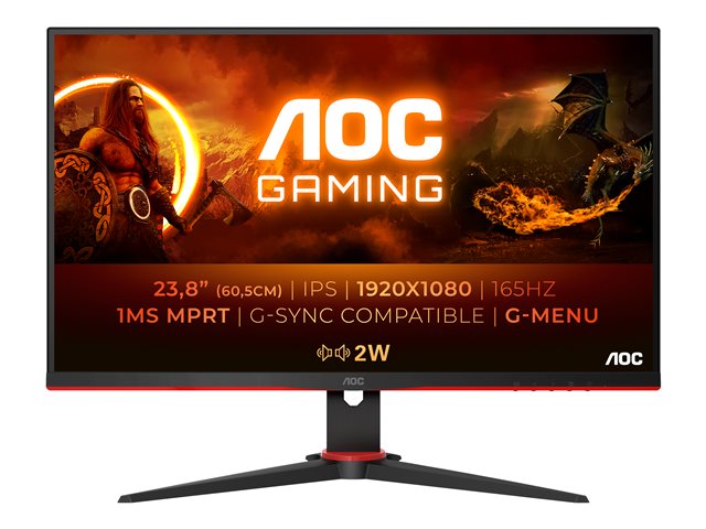 AOC Gaming 24G2SPU/BK - G2 Series - LED monitor - gaming - 23.8" - 1920 x 1080 Full HD (1080p) @ 165 Hz - IPS - 300 cd/m² - 1000:1 - 4 ms - 2xHDMI, VGA, DisplayPort - speakers - black, red