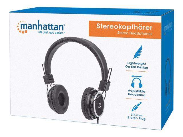 Manhattan Stereo On-Ear Headphones (Clearance Pricing), Lightweight, Adjustable Headband, Cushioned Earpads, 1x 3.5mm stereo jack/plug for audio output, cable 2m, Black, Three Year Warranty, Retail Box - headphones