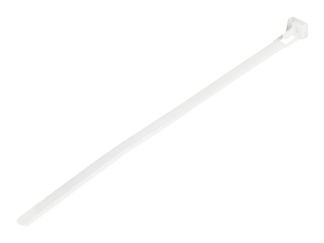 Startech 20cm(8") Reusable Cable Ties, 7mm(1/4") wide, 50mm(1-7/8") Bundle Dia. 22kg(50lb) Tensile Strength, Releasable Nylon Ties, Indoor/Outdoor, 94V-2/UL Listed, 100 Pack, White - Nylon 66 Plastic - TAA (CBMZTRB8) - Cable tie - 20 cm - white - TAA Comp