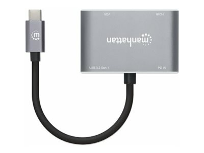 Manhattan USB-C Dock/Hub, Ports (x4): HDMI, USB-A, USB-C and VGA, With Power Delivery (87W) to USB-C Port (Note add USB-C wall charger and USB-C cable needed), All Ports can be used at the same time, Aluminium, Space Grey, Three Year Warranty, Retail Box