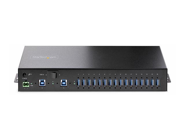 Startech 16-Port Industrial USB 5Gbps Hub with Power Adapter, Metal Enclosure, Mountable, ESD Protection, Terminal Block Power, USB Charging, Dual-Host Switch - TAA - Hub - 16 x USB 3.2 Gen 1 - desktop, rack-mountable, DIN rail mountable, wall-mountable -