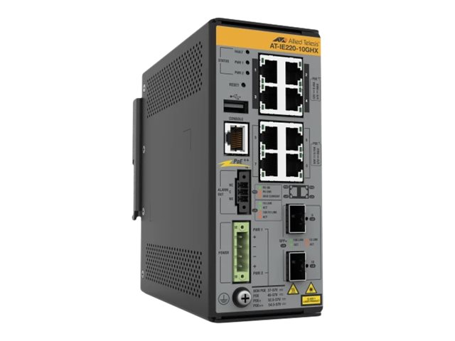 Allied Telesis AT IE220-10GHX - Switch - L2+ - Managed - 8 x 10/100/1000Base-T + 2 x 1 Gigabit / 10 Gigabit SFP+ (uplink) - DIN rail mountable, wall-mountable - PoE++ (240 W)