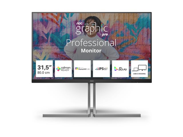 AOC U32U3CV - Graphic Pro Series - LED monitor - 32" (31.5" viewable) - 3840 x 2160 4K @ 60 Hz - Nano IPS - 400 cd/m² - 1000:1 - DisplayHDR 400 - 4 ms - 2xHDMI, DisplayPort, 2xUSB-C - speakers - black