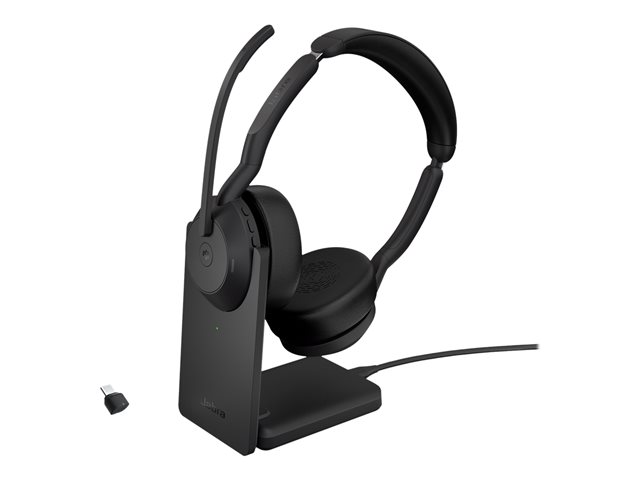 Jabra Evolve2 55 MS Stereo - Headset - on-ear - Bluetooth - wireless - active noise cancelling - USB-C - black - with charging stand - Optimised for Microsoft Teams
