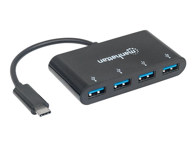 Manhattan USB-C Dock/Hub, Ports (x4): USB-A (x4), 5 Gbps (USB 3.2 Gen1 aka USB 3.0), External Power Supply Not Needed, Cable 20cm, SuperSpeed USB, Black, Three Year Warranty, Blister - hub - 4 ports