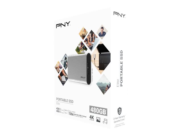 PNY ELITE - SSD - 480 GB - external (portable) - USB 3.1 Gen 1 - brushed silver