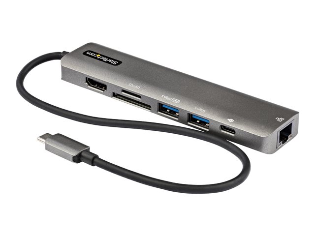 StarTech.com USB C Multiport Adapter, USB-C to 4K 60Hz HDMI 2.0, 100W Power Delivery Pass-through, SD/MicroSD, 2-Port USB 3.0 Hub, GbE, USB Type-C Mini Dock, 12" (30cm) Long Attached Cable - Works w/Thunderbolt 3 (DKT30CHSDPD1) - Docking station - USB-C /