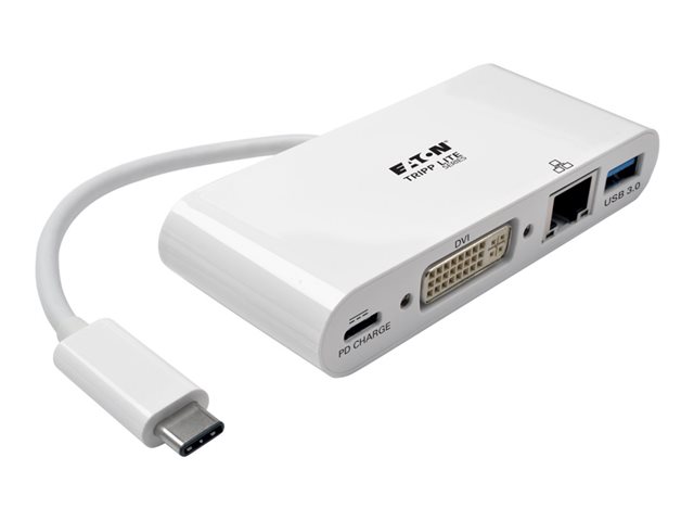Eaton Tripp Lite Series USB C to DVI Multiport Video Adapter Converter w/ USB-A Hub, USB-C PD Charging, Gigabit Ethernet Port , USB Type C to DVI, USB Type-C - docking station - USB - DVI - 1GbE
