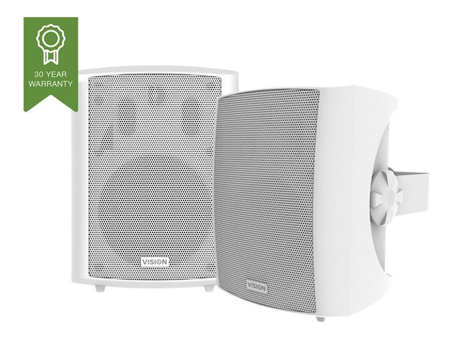 VISION Professional Pair 5.25" Wall Speakers - LIFETIME WARRANTY - 50 Watt power handling - 3-way with Bass reflex - horizontal C brackets included - white