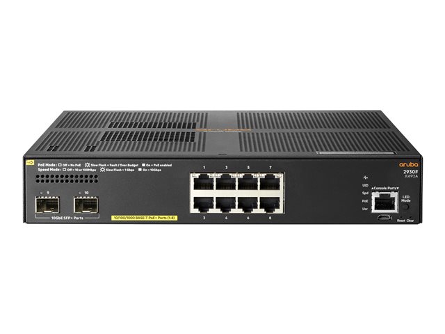 HPE Aruba 2930F 8G PoE+ 2SFP+ TAA - Switch - L3 - Managed - 8 x 10/100/1000 (PoE+) + 2 x 1 Gigabit / 10 Gigabit SFP+ (uplink) - rack-mountable - PoE+ (125 W) - TAA Compliant