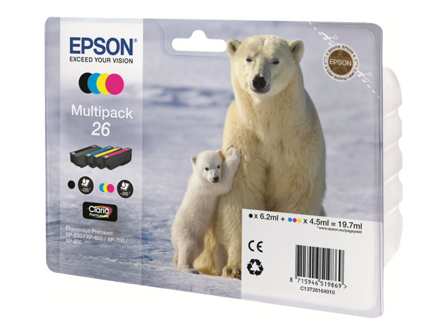 Epson Ink Cartridges, Claria" Premium Ink, 26, Polar bear, Multipack, 1 x 6.2 ml Black, 1 x 4.5 ml Yellow, 1 x 4.5 ml Cyan, 1 x 4.5 ml Magenta