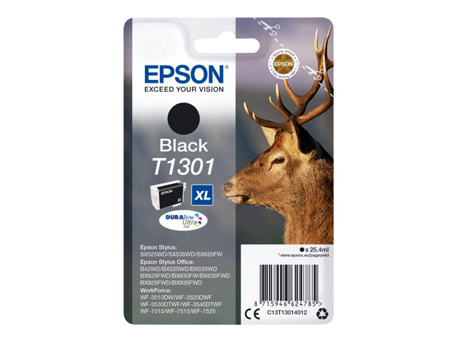 Epson Ink Cartridges, DURABrite" Ultra, T1301, Stag, Singlepack, 1 x 25.4 ml Black, XL, RF+AM