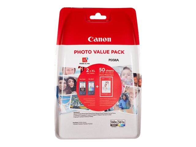 Canon PG-560XL/CL-561XL Photo Value Pack - Glossy - 2-pack - High Yield - black, colour (cyan, magenta, yellow) - original - 100 x 150 mm 50 sheet(s) ink cartridge / paper kit - for PIXMA TS5350, TS5351, TS5352, TS5353, TS7450, TS7451