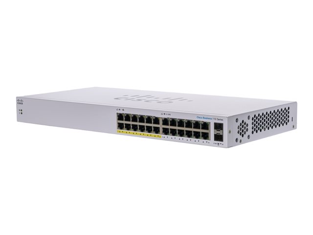 Cisco Business 110 Series 110-24PP - Switch - unmanaged - 12 x 10/100/1000 (PoE) + 12 x 10/100/1000 + 2 x combo Gigabit SFP - rack-mountable, desktop, wall-mountable - PoE (100 W)
