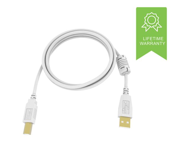 3 m USB 2.0 cable - gold plated connectors - ferrite core on a end - bandwidth 480 mbps - over 65 percent coverage braided shield - USB A (m) to USB B (m) - outer diameter 4.8 mm - 28+24 awg - white