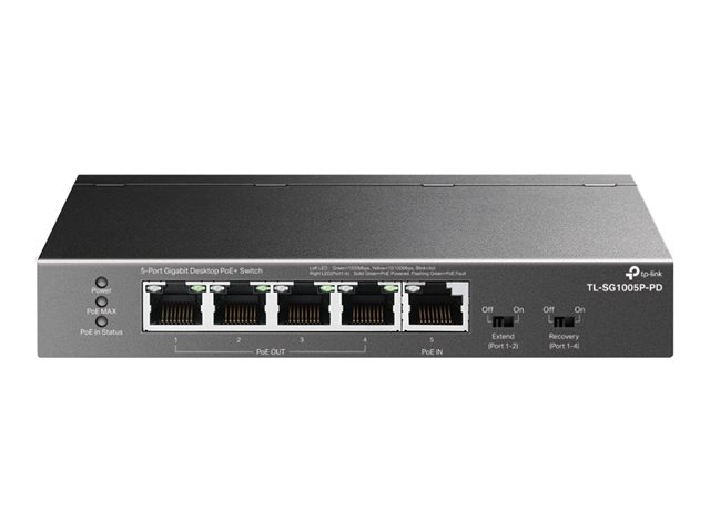 TP-Link TL-SG1005P-PD V1 - Switch - unmanaged - 4 x 10/100/1000 (PoE+) + 1 x 10/100/1000 (PoE++) - desktop, wall-mountable - PoE++ (66 W)