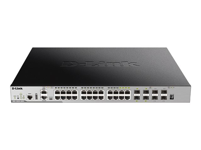 D-Link DGS 3630-28PC - Switch - L3 - Managed - 20 x 10/100/1000 (PoE+) + 4 x combo Gigabit SFP + 4 x 10 Gigabit SFP+ - rack-mountable - PoE+ (370 W)