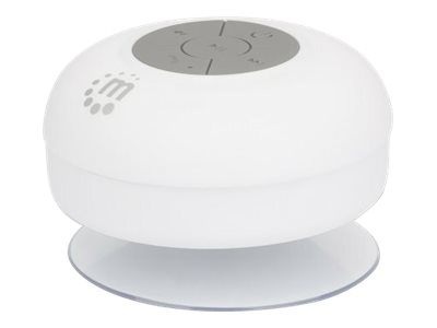 Manhattan Bluetooth Shower Speaker (Clearance Pricing), Waterproof design with suction-cup mount, Omnidirectional Mic, Integrated Controls, 5 hour Playback time, Range 10m, Output 3W, USB-A charging cable included, Bluetooth v4.0, White, 3 Years Warranty,