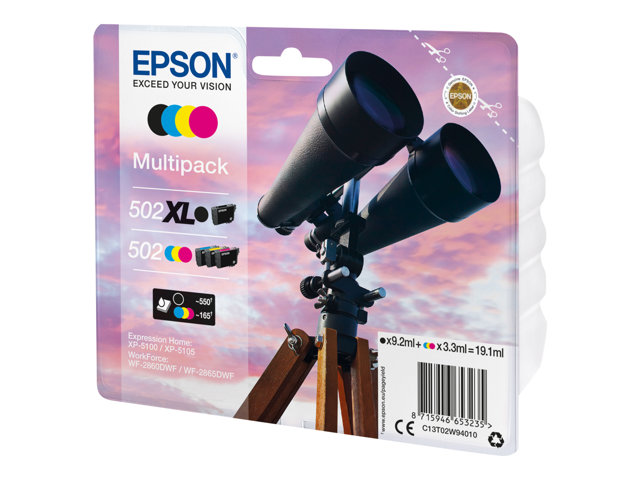 Epson 502XL Multipack - 4-pack - 19.1 ml - high capacity - black, yellow, cyan, magenta - original - blister with RF/acoustic alarm - ink cartridge - for Expression Home XP-5100, XP-5150, WorkForce WF-2860, WF-2865DWF, WF-2880DWF, WF-2885DWF