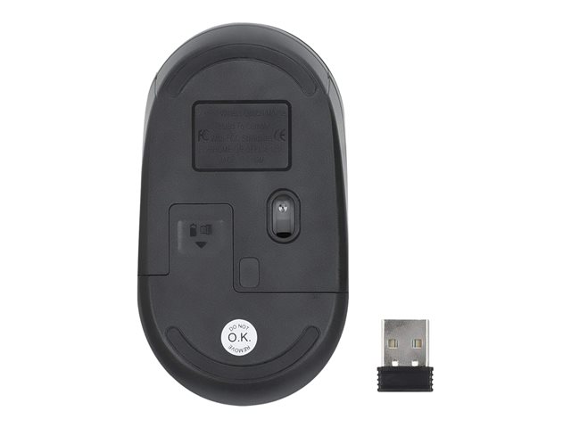 Manhattan Performance III Wireless Mouse, Black, 1000dpi, 2.4Ghz (up to 10m), USB, Optical, Ambidextrous, Three Button with Scroll Wheel, USB nano receiver, AA battery (not included), Low friction base, Three Year Warranty, Retail Box - mouse - 2.4 GHz -