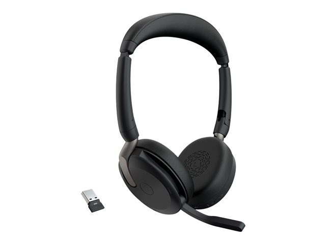 Jabra Evolve2 65 Flex UC Stereo - Headset - on-ear - Bluetooth - wireless - active noise cancelling - USB-A - black - with wireless charging pad - Optimised for UC