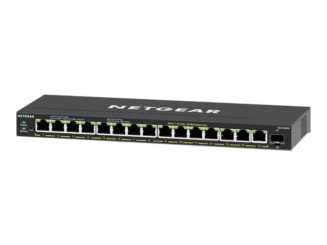 NETGEAR Plus GS316EPP - Switch - Managed - 15 x 10/100/1000 (PoE+) + 1 x SFP - desktop, wall-mountable - PoE+ (231 W)