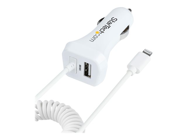 Startech Lightning Car Charger with 1m Coiled Lightning Cable, 12W, White, 2 Port USB Car Charger Adapter for Phones and Tablets, In Car Apple iPhone/iPad Charger w/ Built-in Cord - Dual USB Car Charger (USBLT2PCARW2) - Car power adapter - 12 watt - 4.2 A