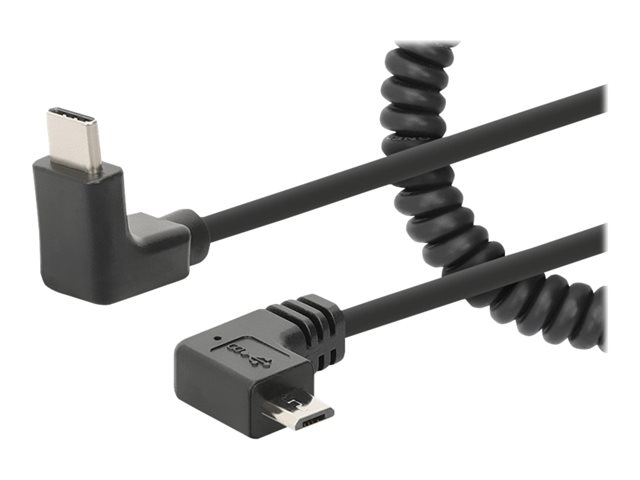 Manhattan USB-C to Micro-USB Cable, 1m, Male to Male, Black, 480 Mbps (USB 2.0), Tangle Resistant Curly Design, Angled Connectors, Ideal for Charging Cabinets/Carts, Hi-Speed USB, Lifetime Warranty, Polybag - USB-C cable - USB-C (power only) to 4 pin Micr