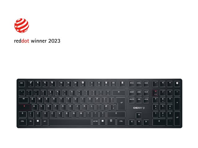CHERRY KW X ULP - Keyboard - backlit - wireless - USB, 2.4 GHz, Bluetooth 5.2 - QWERTY - UK - key switch: CHERRY MX Ultra Low Profile - black - plastic free packaging