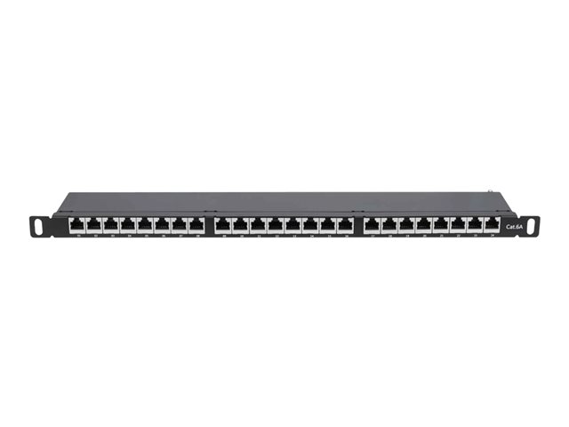 Intellinet Patch Panel, Cat6a, FTP, 24-Port, 19", 0.5U, Shielded, 90° Top-Entry Punch Down Blocks, Black - patch panel - 0.5U - 19"