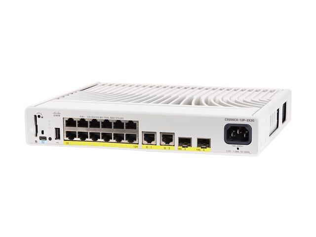 Cisco Catalyst 9200CX - Network Essentials - switch - compact - L3 - Managed - 12 x 10/100/1000 (PoE+) + 2 x 1000Base-T + 2 x 10 Gigabit SFP+ (uplink) - rack-mountable - PoE+ (240 W)