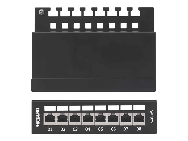 Intellinet Patch Panel, Cat6a, FTP, 8-Port, Desktop, Shielded, 90° Top-Entry Punch Down Blocks, Black - patch panel